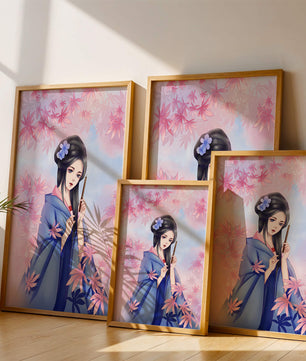 Ilustración elegante de una geisha con kimono azul y hojas rosadas