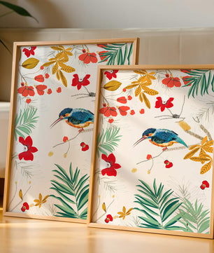 Oiseaux et feuillages colorés dans un décor botanique tropical