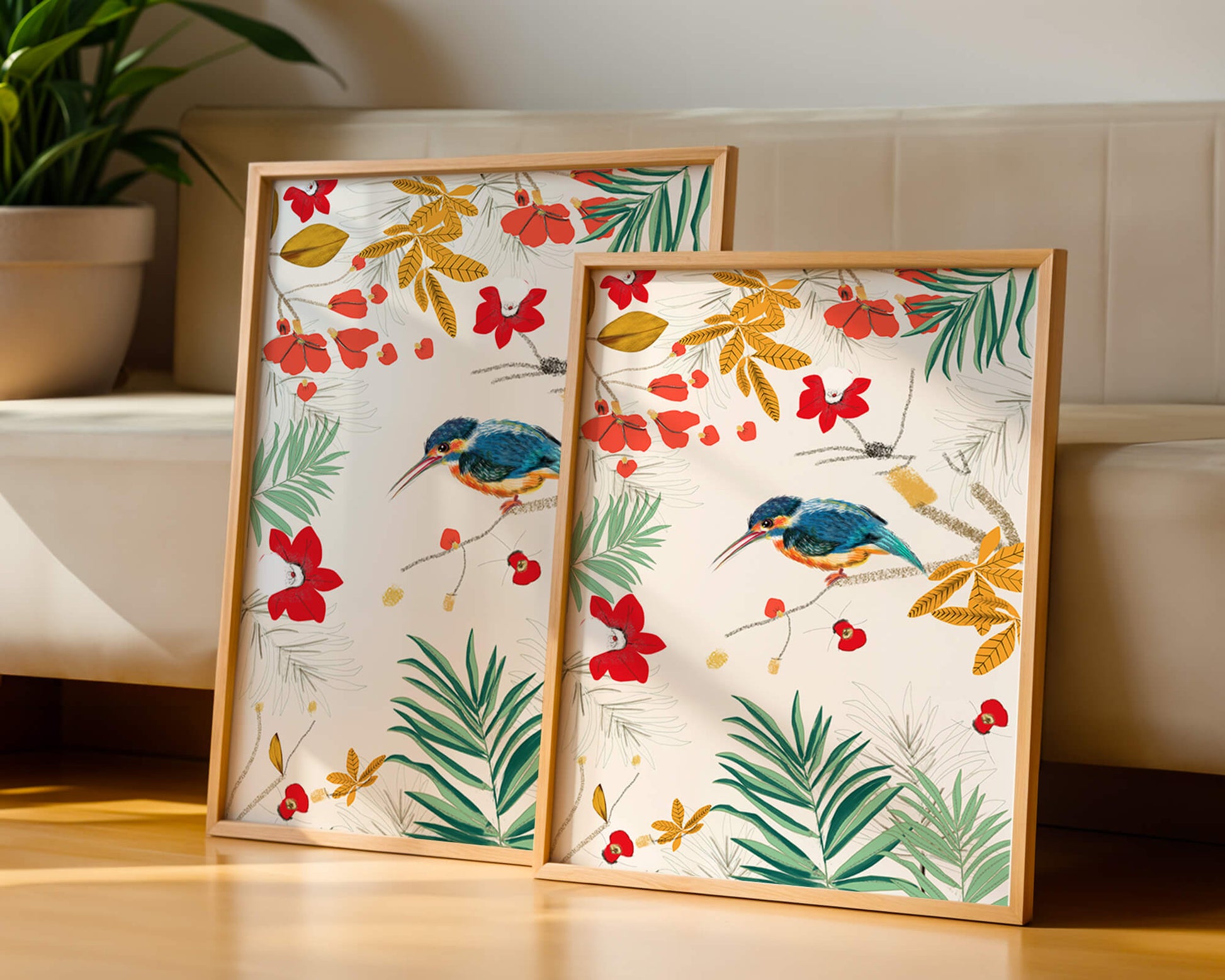 Oiseaux et feuillages colorés dans un décor botanique tropical