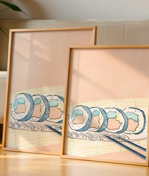 Rollos de sushi coloridos con palillos sobre fondo pastel