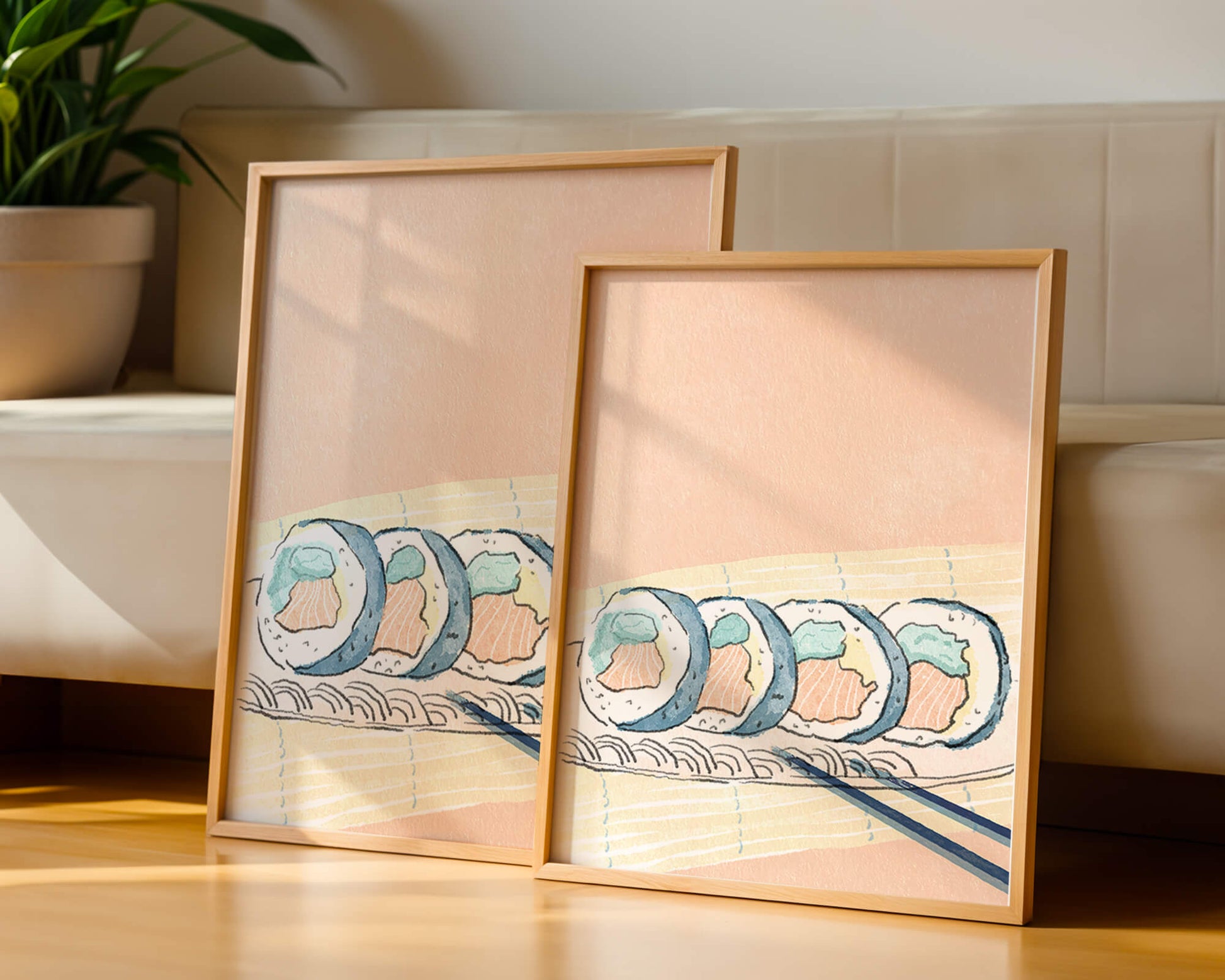 Colorful sushi rolls with chopsticks on pastel background