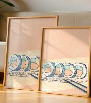 Colorful sushi rolls with chopsticks on pastel background