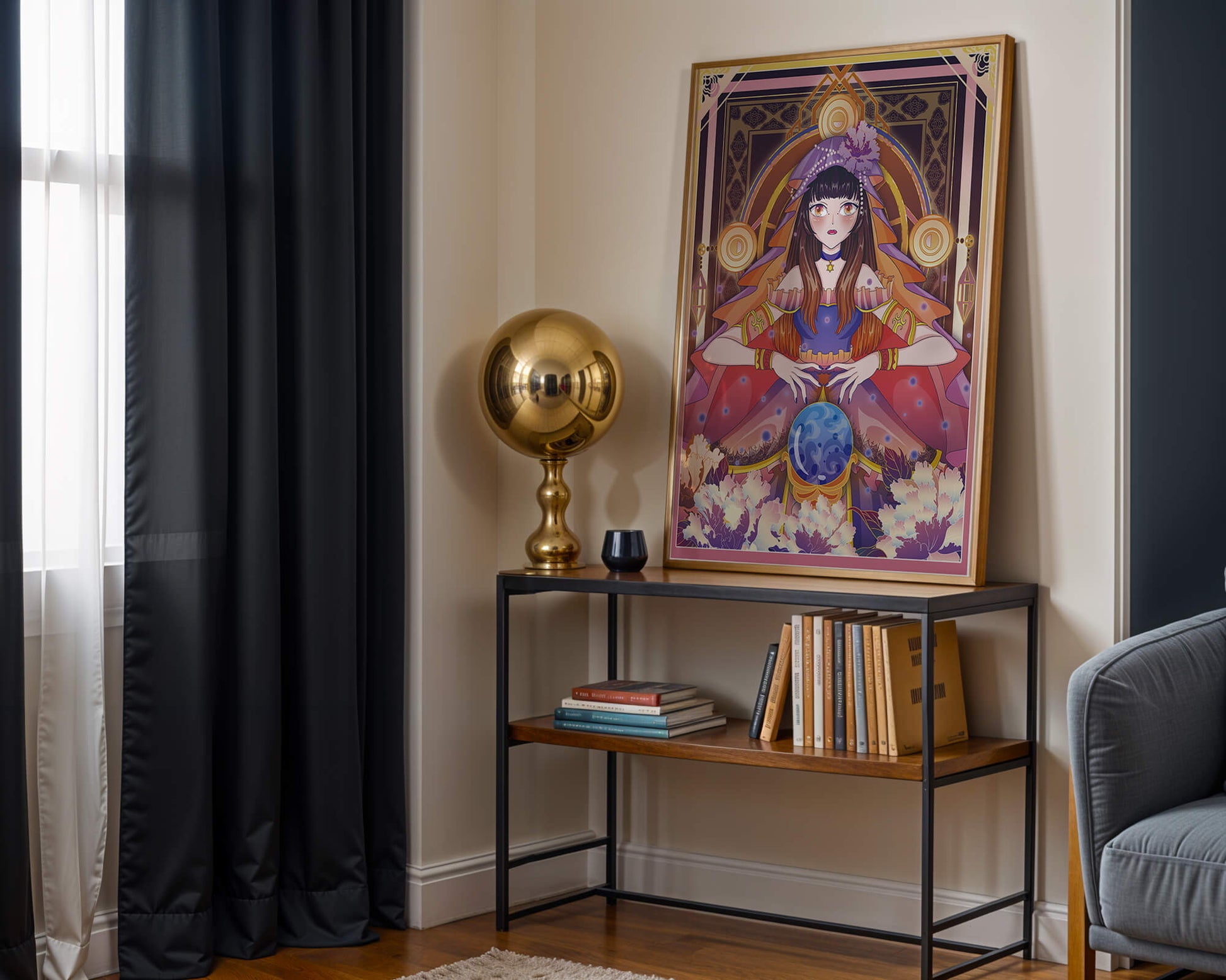 Fantasy Artwork Featuring a Fortune Teller with Crystal Ball and Flowers