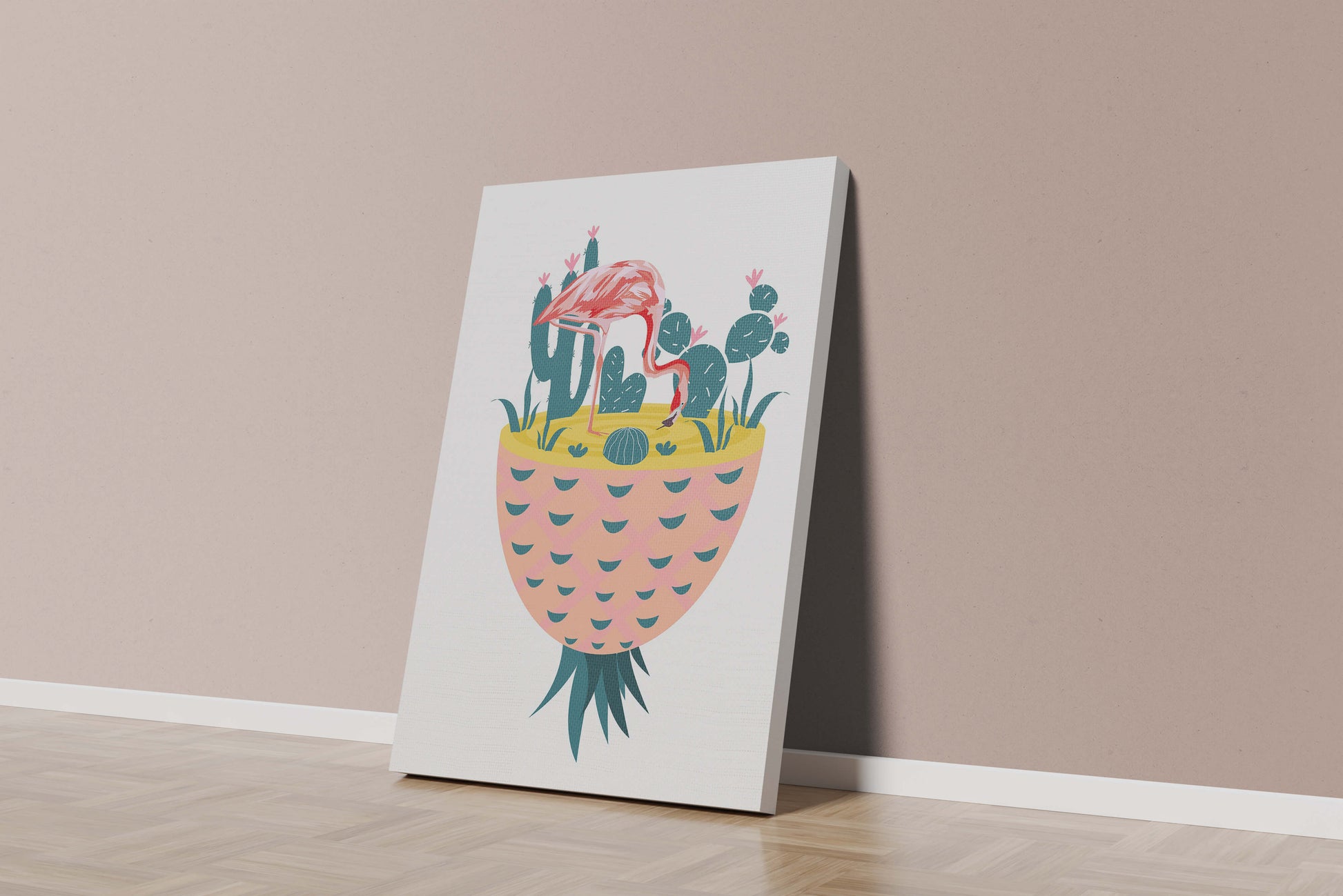 Ilustración de flamenco con cactus en jarrón de piña