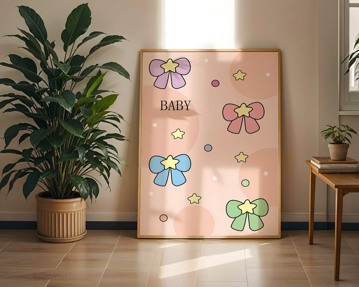 Colorful baby-themed backdrop with bows and stars