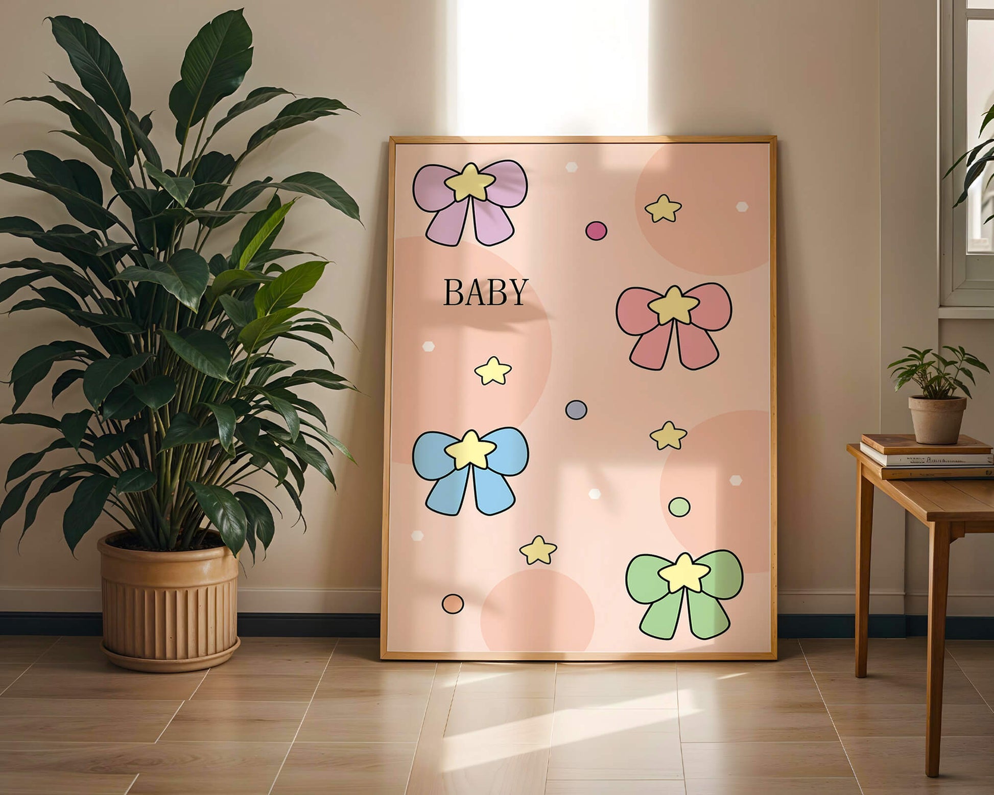 Colorful baby-themed backdrop with bows and stars