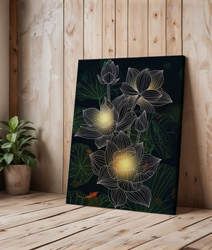 Lotus Flowers with Glowing Accents and Koi Fish Underwater