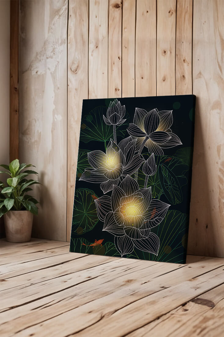 Flores de loto con detalles luminosos y peces koi bajo el agua