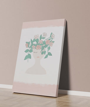Illustration of a Minimalist Face with Floral Headpiece and Pink Background