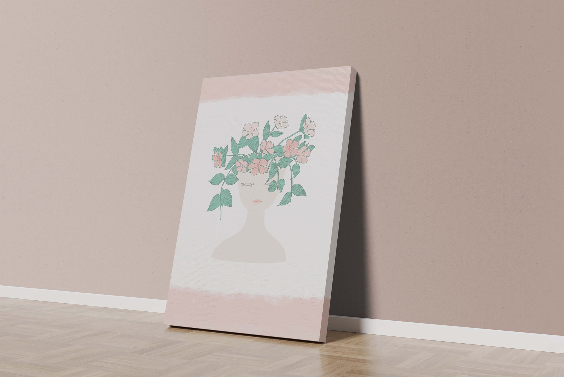 Illustration of a Minimalist Face with Floral Headpiece and Pink Background