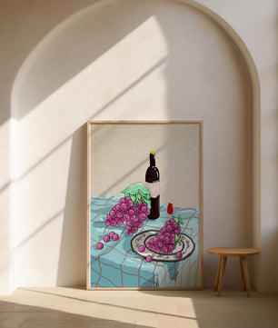 Still Life with Grapes and Wine Bottle on a Checkered Tablecloth - Mi tienda