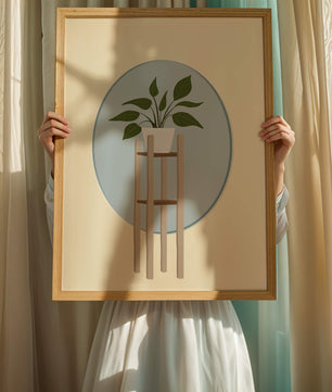 Illustration botanique moderne d'une plante en pot sur un support en bois