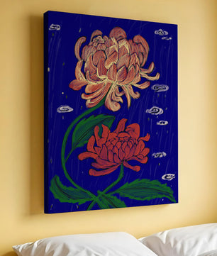 Colorful chrysanthemum illustration on dark blue background
