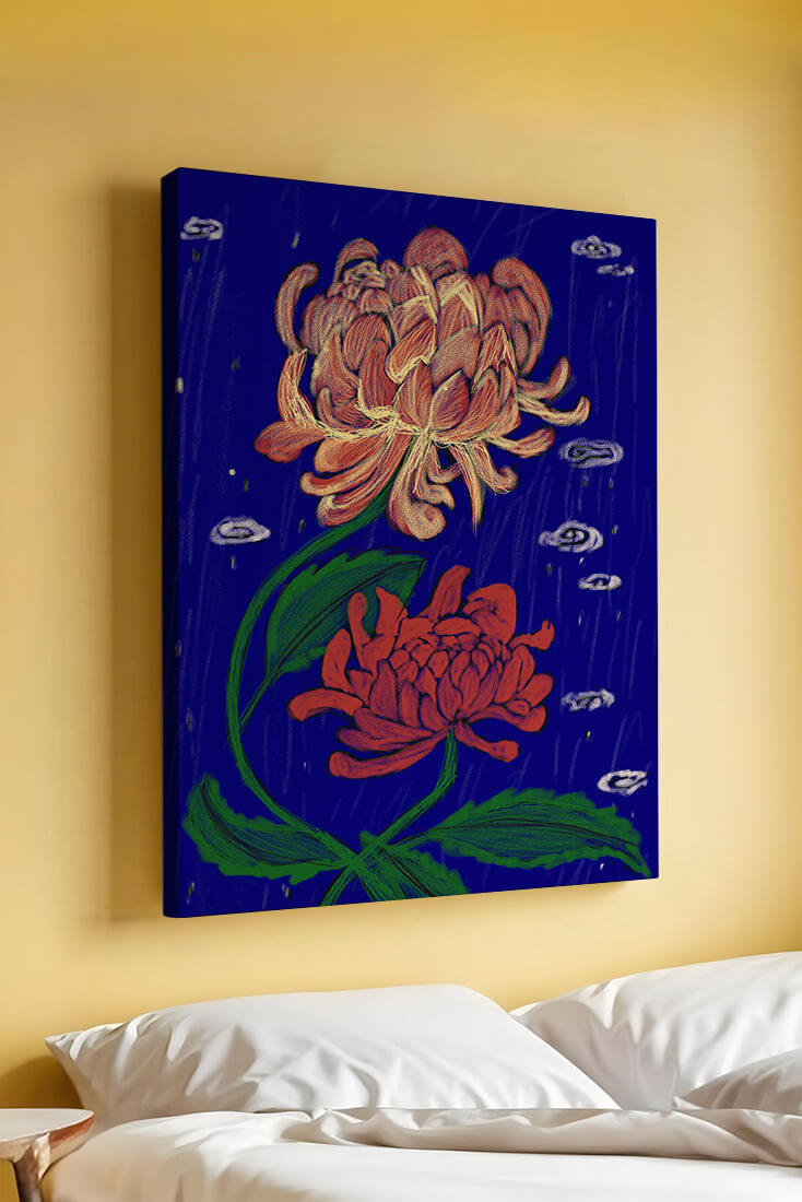 Colorful chrysanthemum illustration on dark blue background