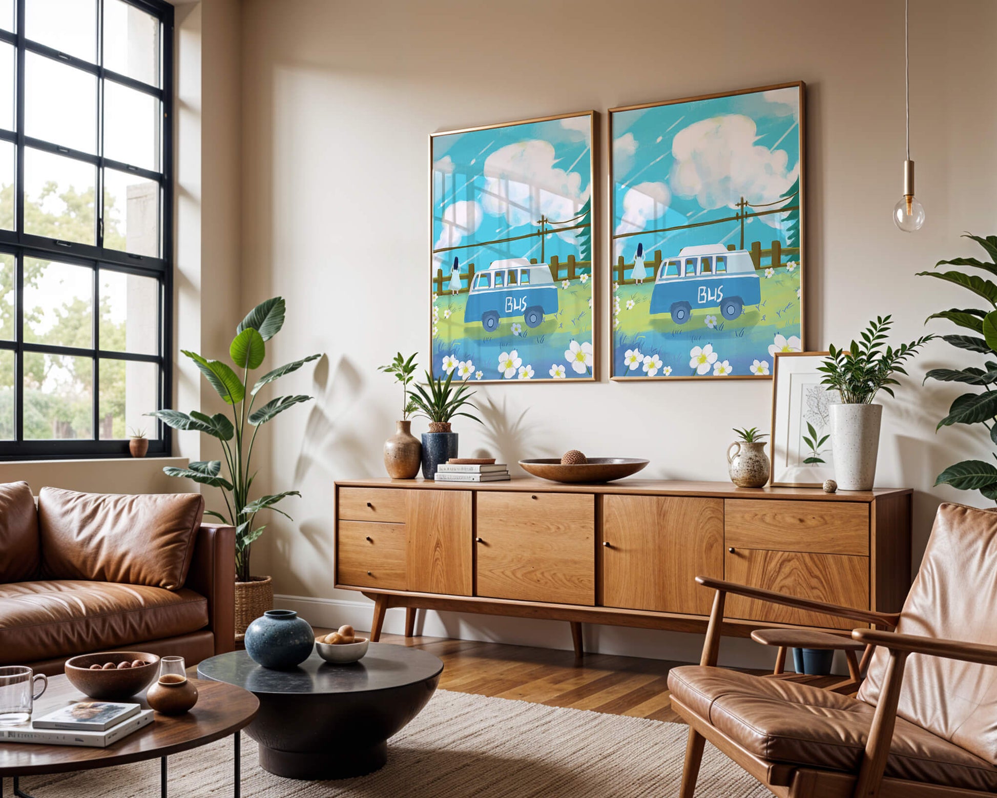 Ilustración escénica con autobús azul y prado en flor