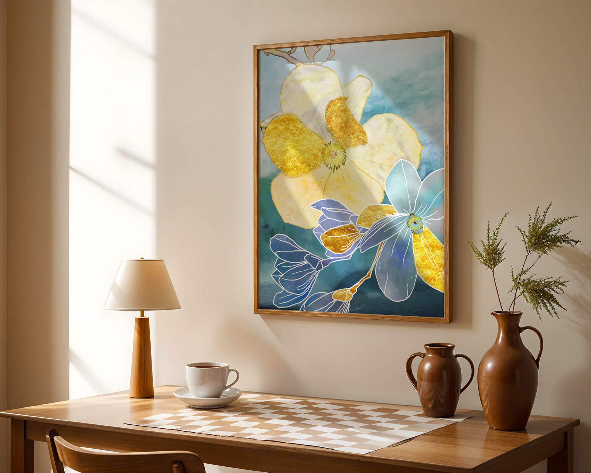 Arte floral abstracto con detalles dorados y tonos azules