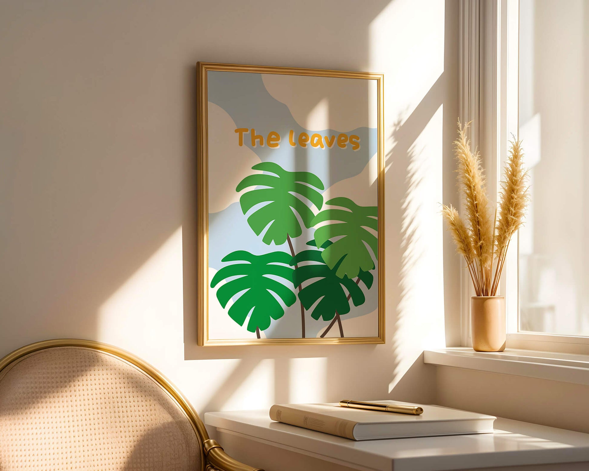 Illustrative tropical leaves with blue sky background for home decor