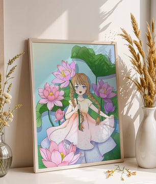 Illustration fantaisiste d'une jeune fille aux cheveux tressés parmi des fleurs de lotus