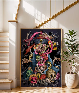 Colorful skeleton with skulls and snake illustration