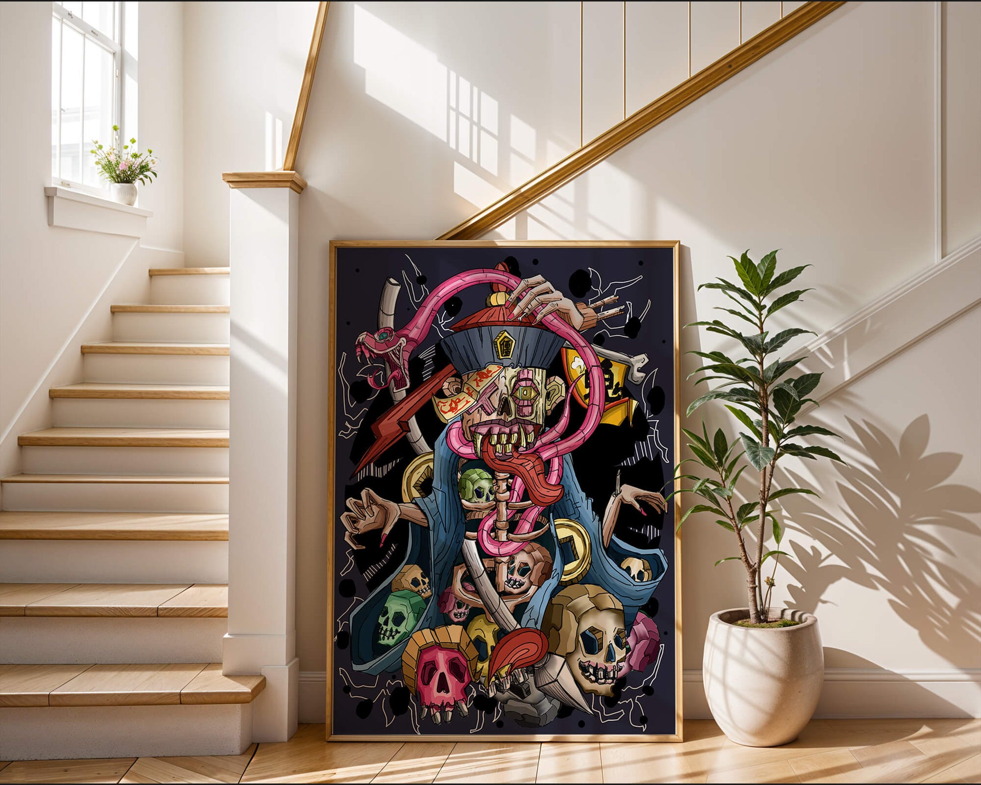 Colorful skeleton with skulls and snake illustration