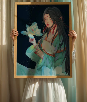 Elegant Woman Holding Glowing Lotus in Tranquil Nightscape