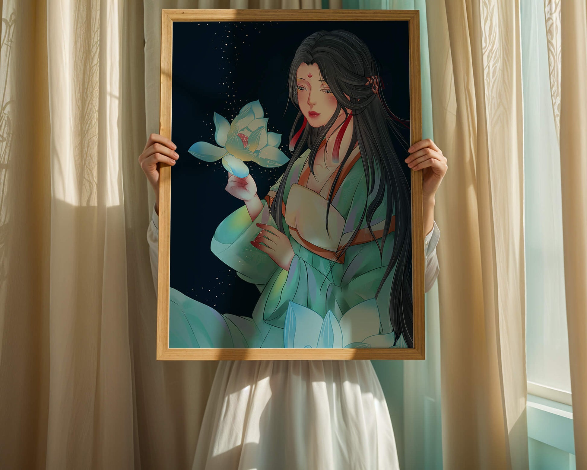Elegant Woman Holding Glowing Lotus in Tranquil Nightscape
