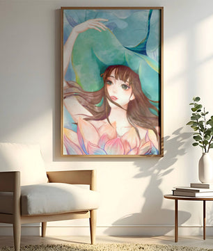 Serene water-inspired portrait of a woman with flowers