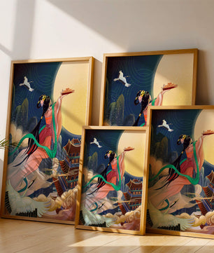 Oriental Fantasy Scene with Woman Offering Gift to the Moon