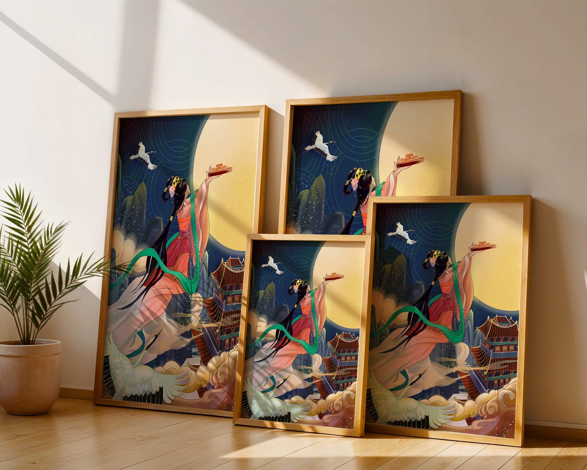 Oriental Fantasy Scene with Woman Offering Gift to the Moon
