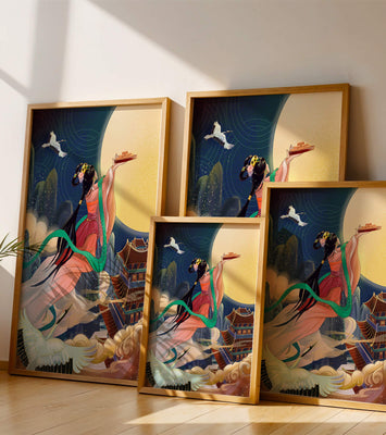 Oriental Fantasy Scene with Woman Offering Gift to the Moon