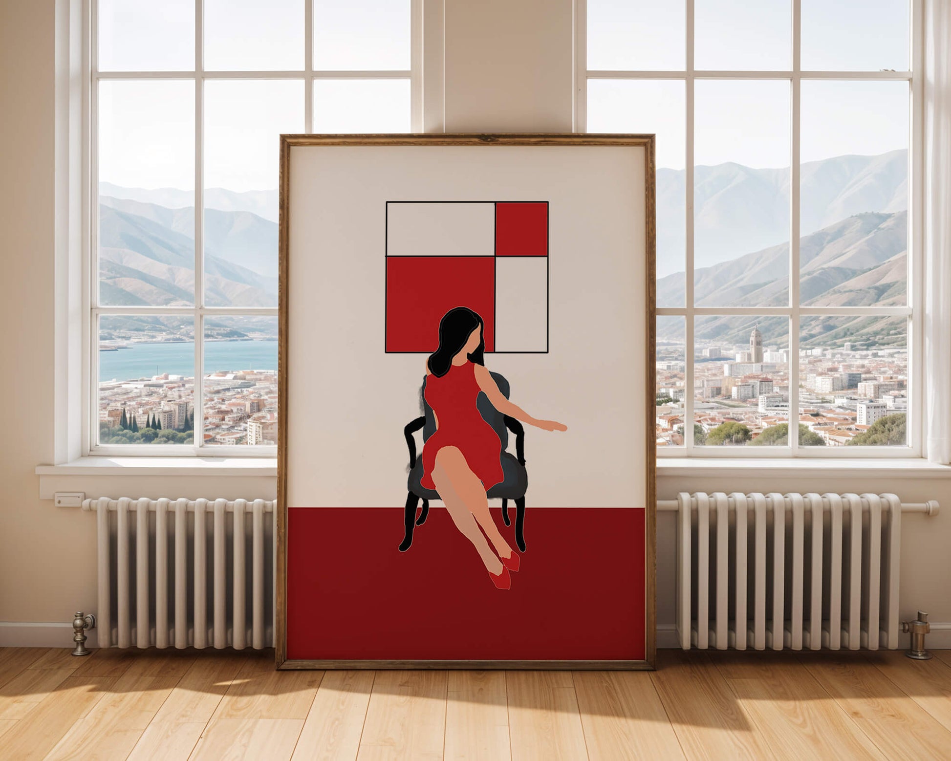 Mujer abstracta en vestido rojo sentada en una silla con arte geométrico en la pared