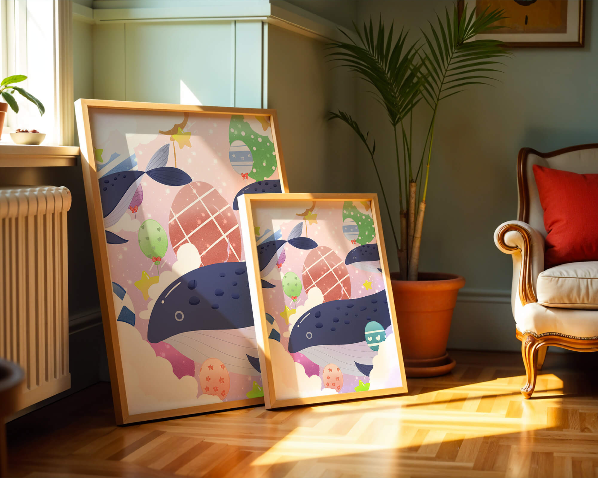 Whimsical illustration of whales and floating stars with colorful eggs