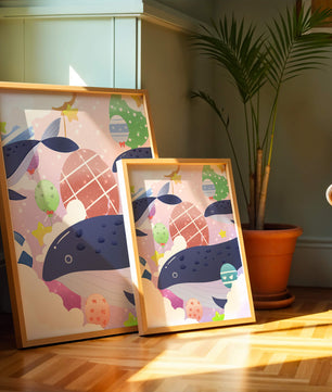 Whimsical illustration of whales and floating stars with colorful eggs