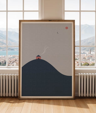 Minimalistische Landschaft mit Haus auf einem Hügel und Sonnenuntergang