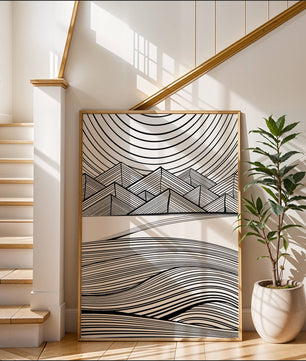 Abstract Black and White Geometric Landscape with Line Art