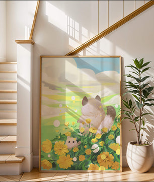 Whimsical Scene of Fluffy Cat and Kitten Among Yellow Flowers