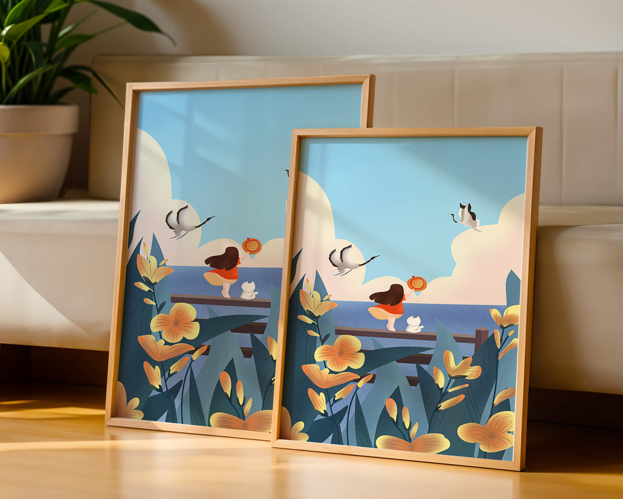 Serene seaside scene with girl, cat, and birds in nature