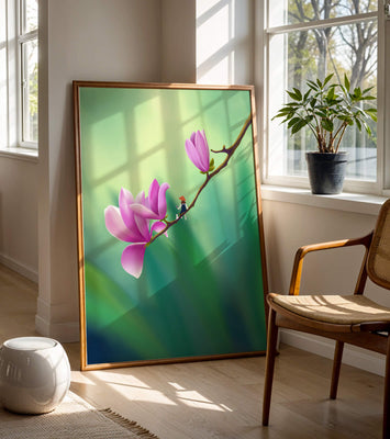 Serene illustration of magnolia flowers with a small figure in a hat