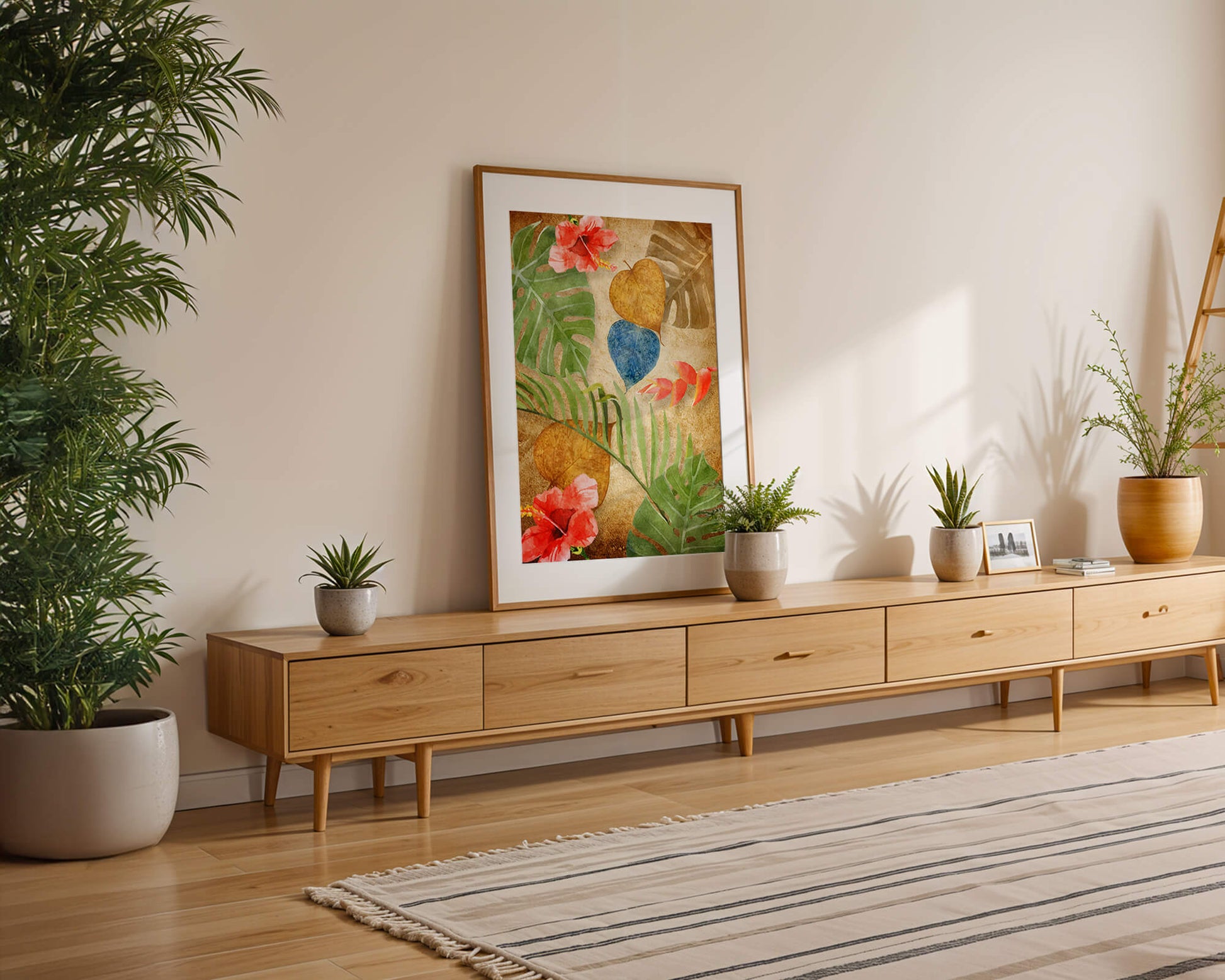 Vibrant tropical leaves and flowers watercolor design
