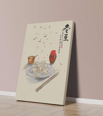 Illustration of dumplings with chopsticks and Asian calligraphy