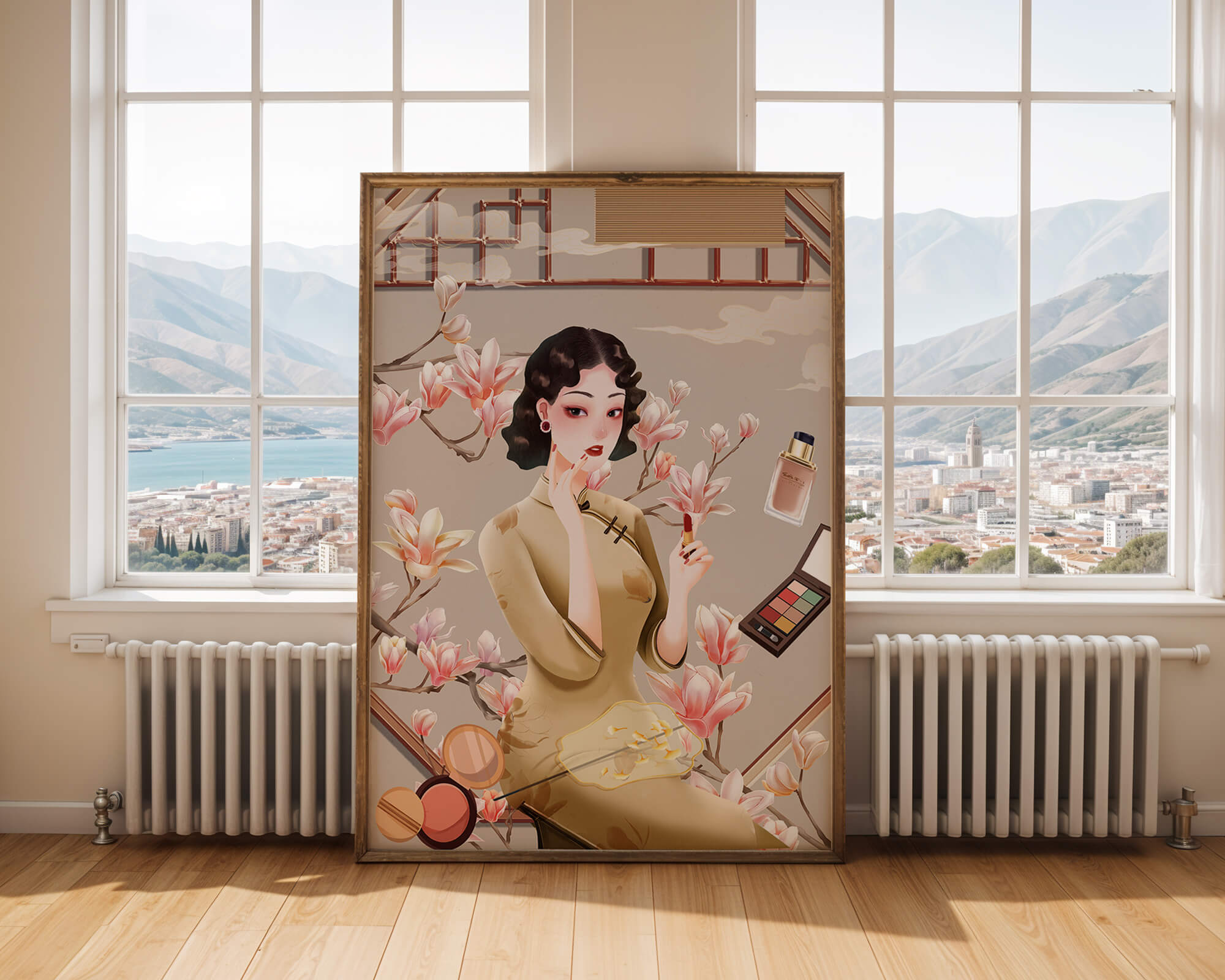 Elegant illustration of a woman with makeup and magnolia flowers