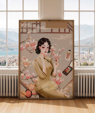 Elegant illustration of a woman with makeup and magnolia flowers