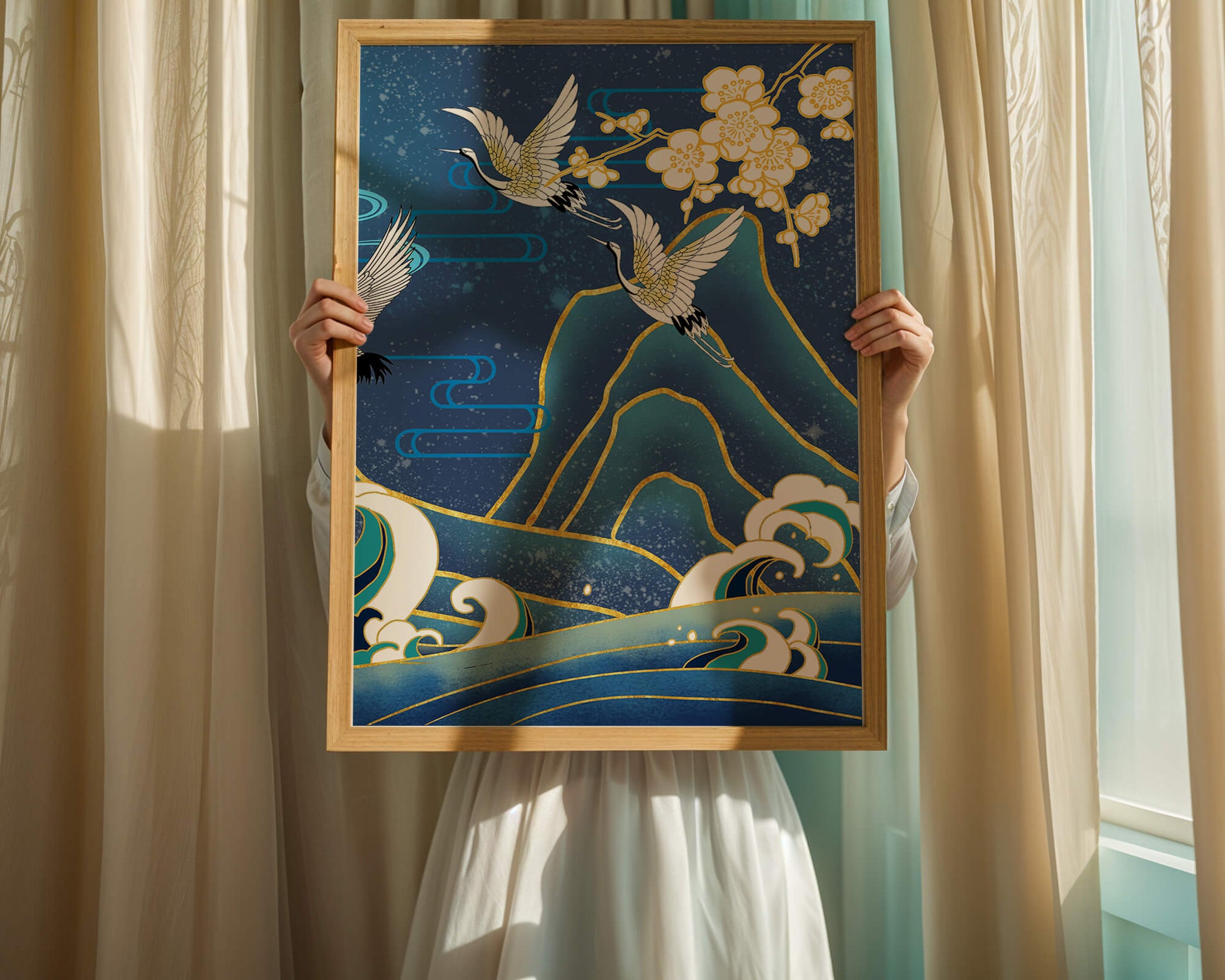 Elegant Cranes in Flight over Ocean Waves with Golden Accents and Blossoms