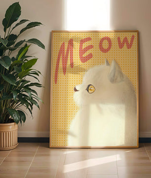 Profile View of a White Cat with Meow Text on Yellow Background