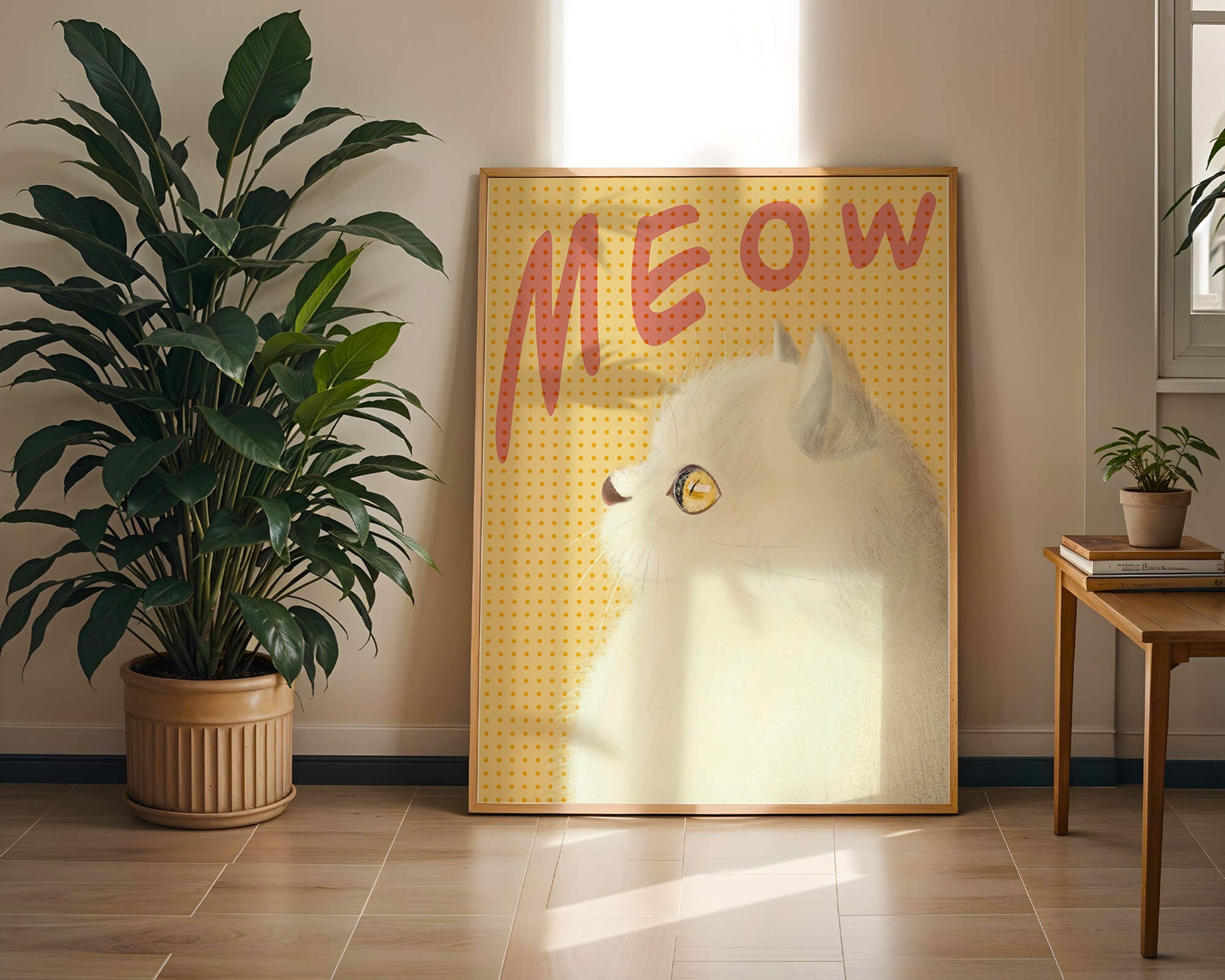 Profile View of a White Cat with Meow Text on Yellow Background