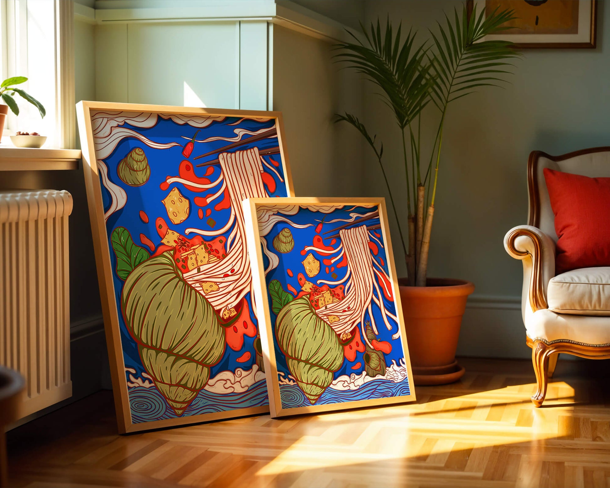 Ilustración intrincada de fideos con colores vibrantes y elementos detallados