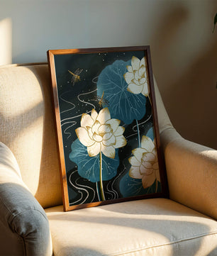Elegant lotus flowers with dragonflies on a starry night background