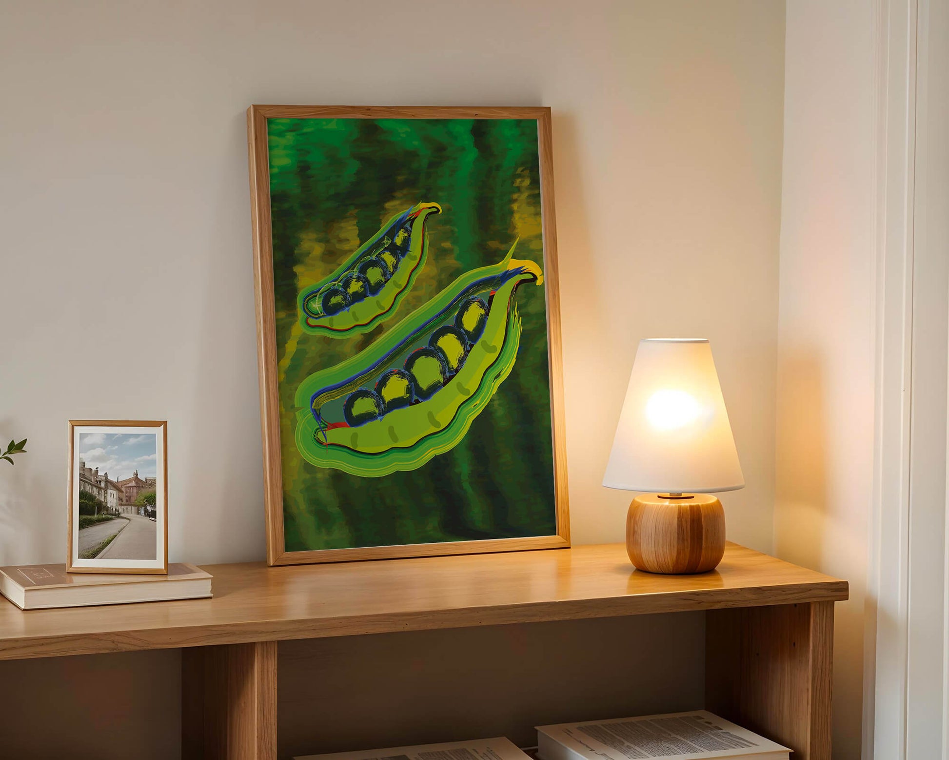 Ilustración abstracta de guisantes verdes coloridos con fondo vibrante