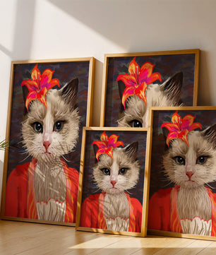 Retrato de gato con acentos de flores vibrantes y atuendo colorido