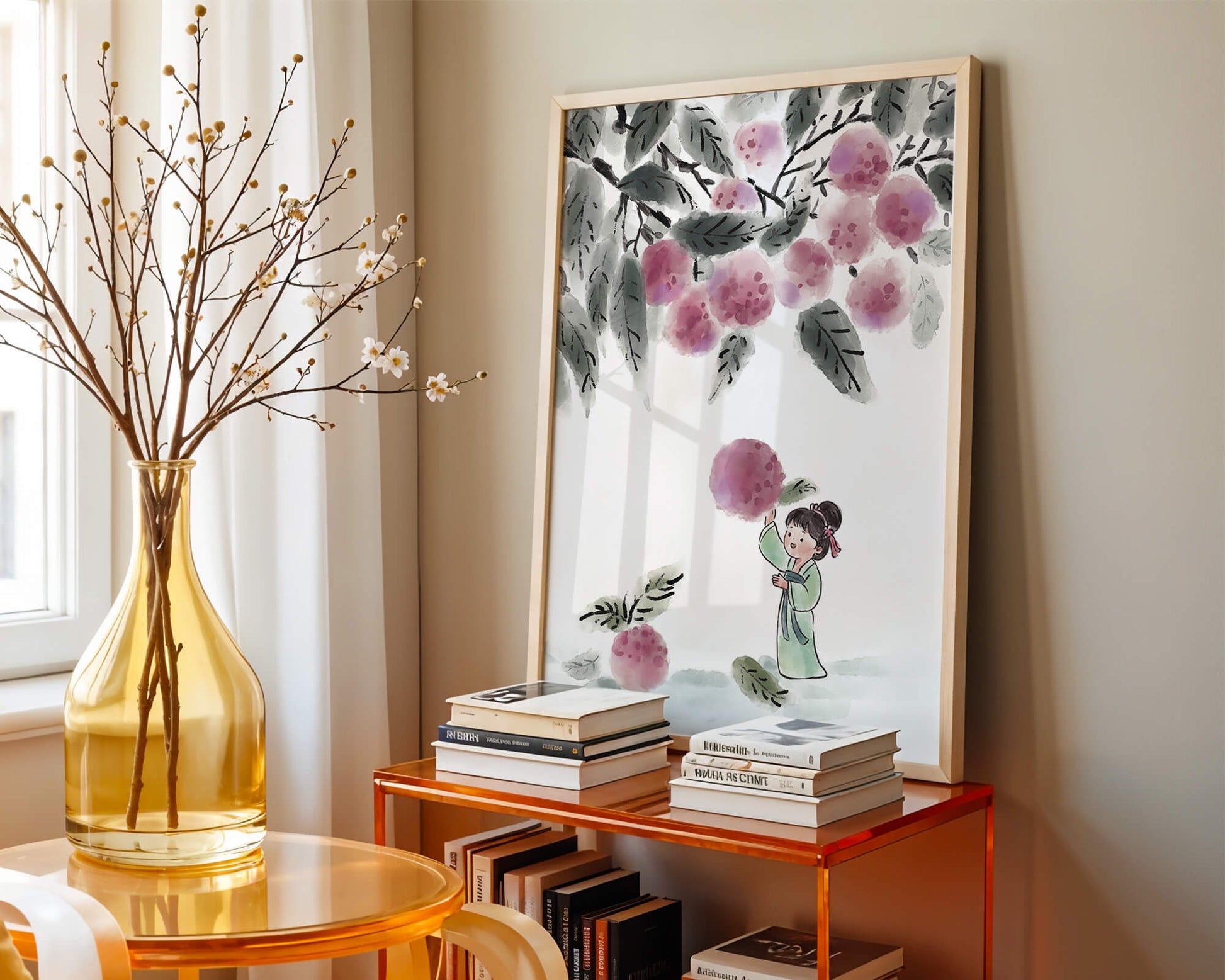 Ilustración encantadora de un niño con ropa tradicional, bayas vibrantes y hojas exuberantes